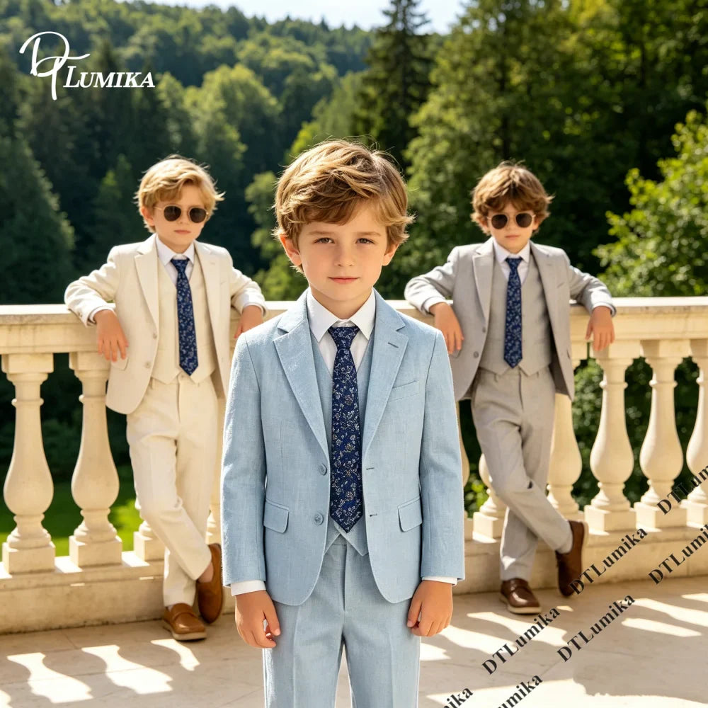 Ship Today Wedding Ring Bearer Page Boy Tuxedo Communion Suit Boy's Formal Linen Suit 4-Piece Jacket Vest Pants Tie Bowtie