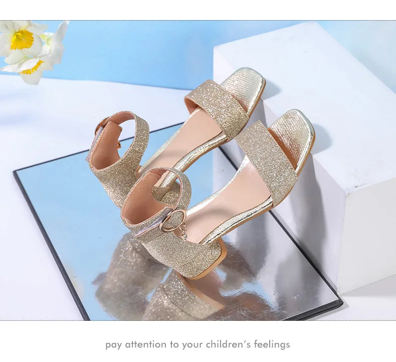 2025 Summer New Children's Sandals Fashion Girls' High Heels Silver Sequins Open Toed Girls' Princess Sandals