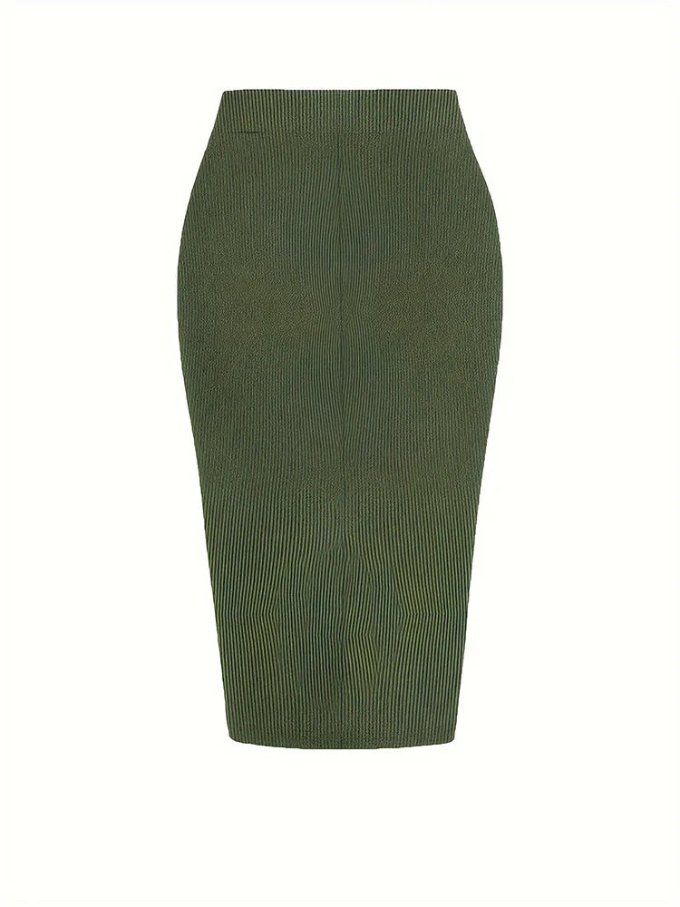 Plus Size 2024 Spring/Summer New  Solid Ruched Drawstring Split Skirt, Casual Bodycon Stretchy Skirt For Spring & Summer, Women