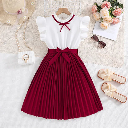 Kids Casual Dress for Girls Clothes Summer 2024 New Children Fashion Sleeveless Red High Waist Princess Dress with Belt 7-8Y