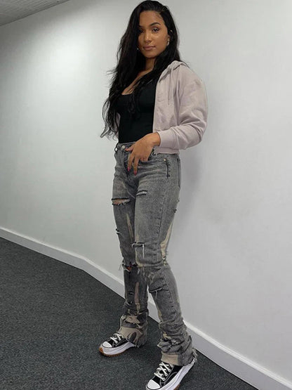 Women Fashion Gray Print High Waist Denim Skinny Trousers