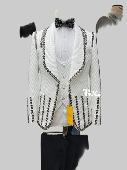 Jacquard Men's Luxurious Crystal 3Pieces Jacket With Vest Pants Wedding Groom Sets Newest Stylish Shawl Lapel Suits Dancing Wear