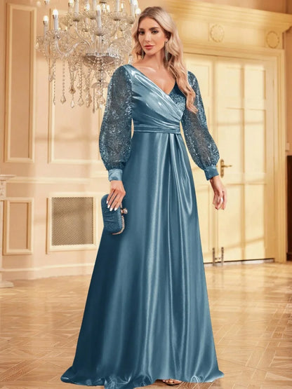 Luxury Blue V-Neck SequinS Evening Dress 2025 Elegant Women Party Maxi Dress Long Sleeve Cocktail Dress Prom Graduation Gowns
