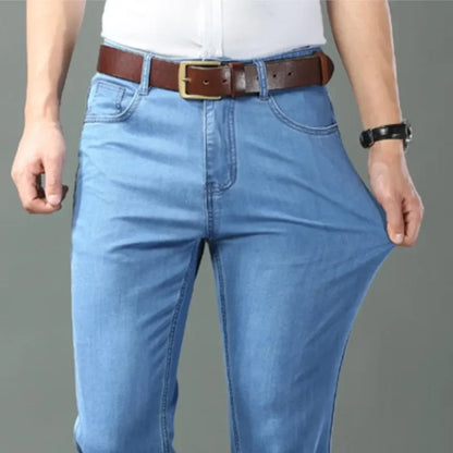 Denim Jeans For Men Blue Straight Stretch Cotton Pants Business Casual Lightweight Trousers Spring Summer