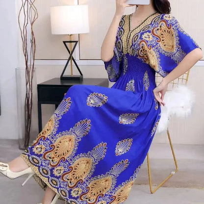 Flower V-neck Elastic Youthful Bohemian Sweet Midi Dress Woman Clothes Chic Fashion Summer Dresses 2025 Large Swing Ski
