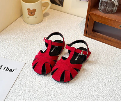Kids Leather Cage Sandals for Girls 2025 Summer New Toddler Beach Shoes Non-slip Princess Elegant Retro Kid Garden Wedding Flats