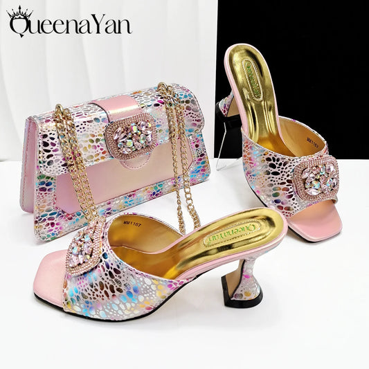 Italian Latest Styles Women Shoes and Bag Set Pink Color Comfortable Elegant High Heels With Rhinestone Decorate