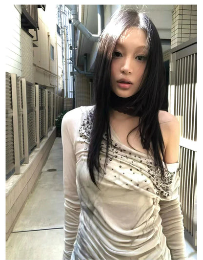 Aesthetics Off Shoulder Tops Trashy Y2k Diamonds Print T-shirt Vintage 2000s Style Streetwear Punk American Retro