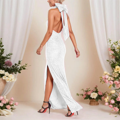 Women's Sequined Long Party Dresses Fashion Solid Color Hanging Neck Round Neck Bow Sleeveless Slit Long Dress Evening Dresses