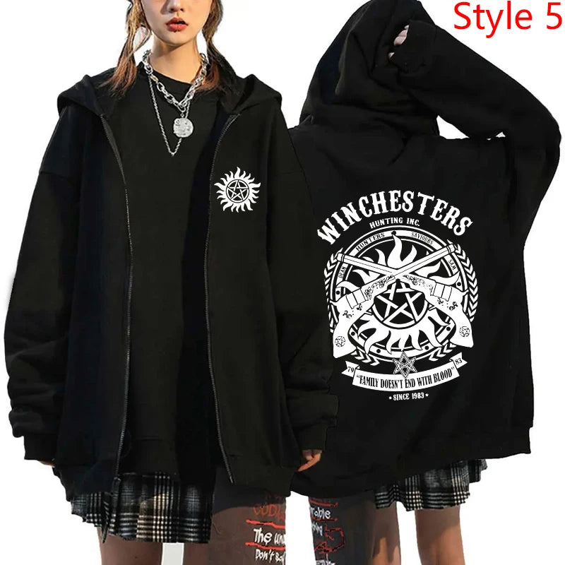 New Supernatural Printed Zipper Hooded Fashion Women Men Sweatshirt Casual Sport Hoodie Personality Zipper Long Sleeve Coat