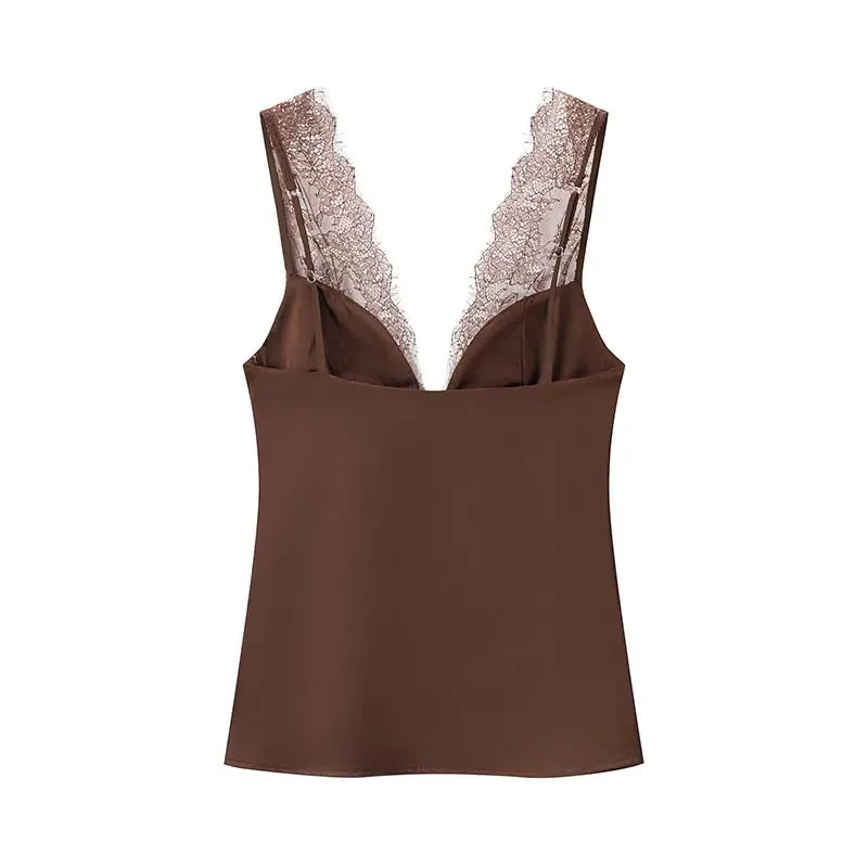 Black Satin Lace V-Neck Camisole Top for Women Cropped Y2k Harajuku Fashion Elegant Sleeveless Shirt Blouse Female