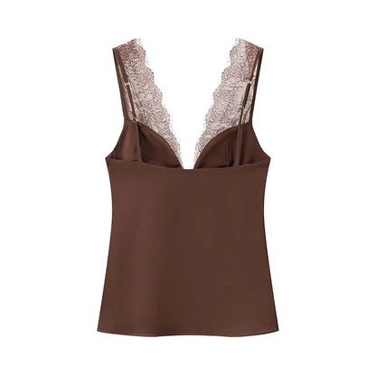Black Satin Lace V-Neck Camisole Top for Women Cropped Y2k Harajuku Fashion Elegant Sleeveless Shirt Blouse Female