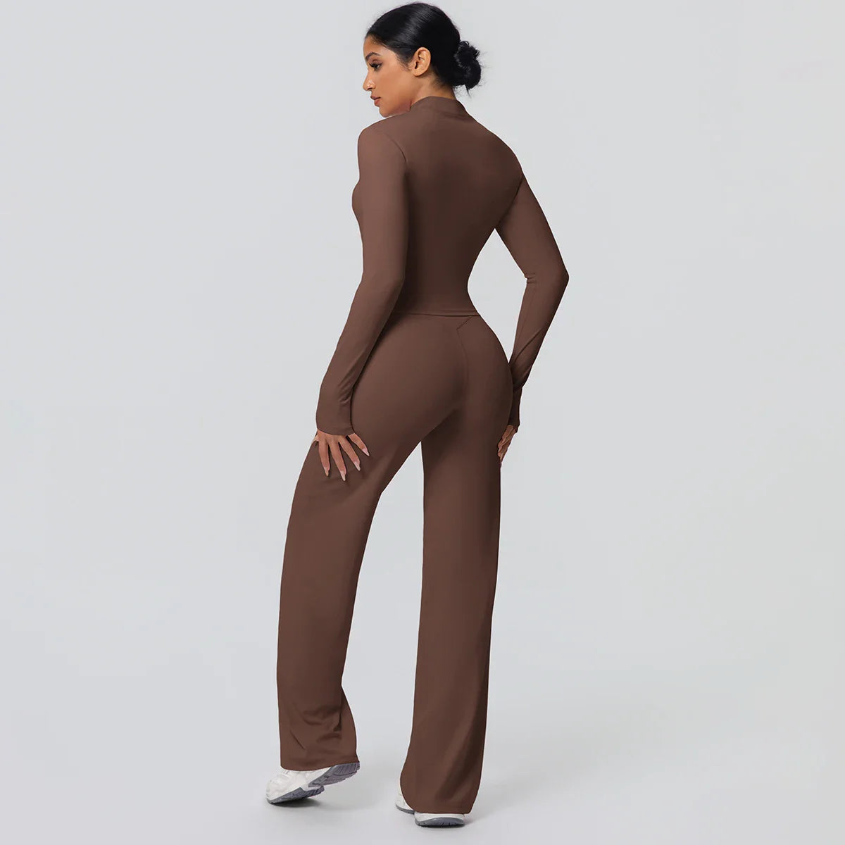 2pieces Quick Drying Sports Fitness Clothing Yoga Set Women Yoga Zipper Long Dleeves High Waisted Breathable Wide Leg Pants Set