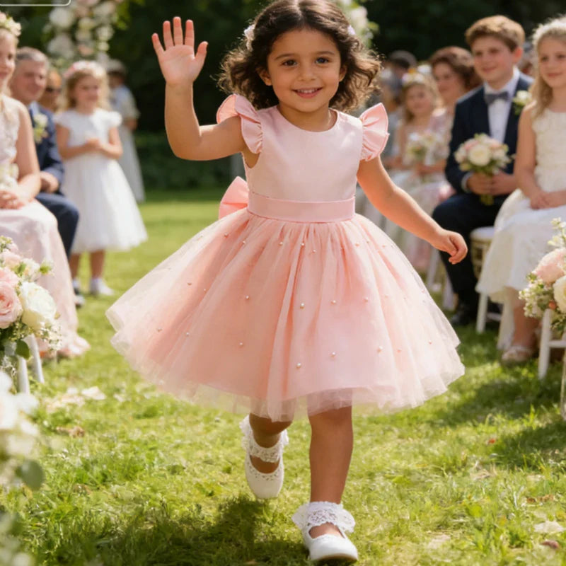 Girls White Wedding Pearls Elegant Pageant Princess Dress For Girls Backless Big Bow Wedding Bridesmaid Birthday Party Ball Gown