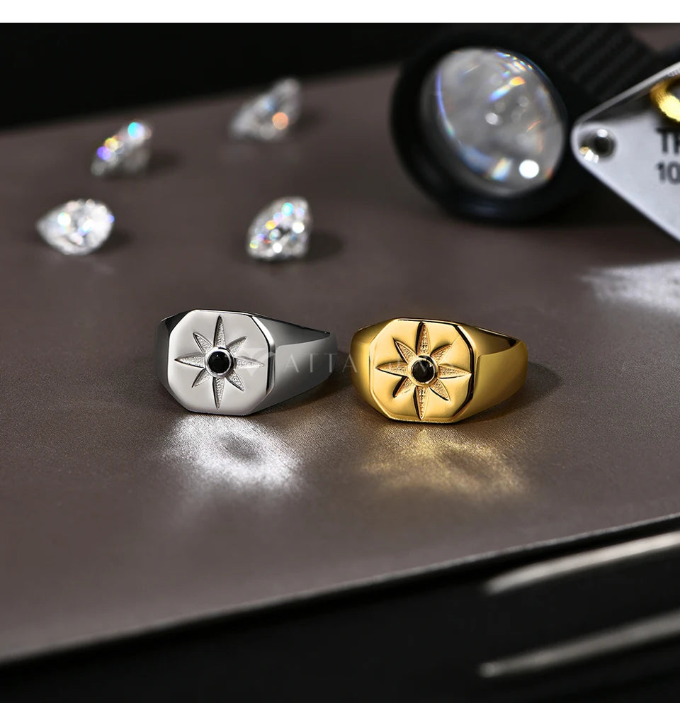 Vintage 8-Pointed Star Signet Ring for Men S925 Sterling Silver Black Spinel Women Rings Punk Jewelry Gifts for party