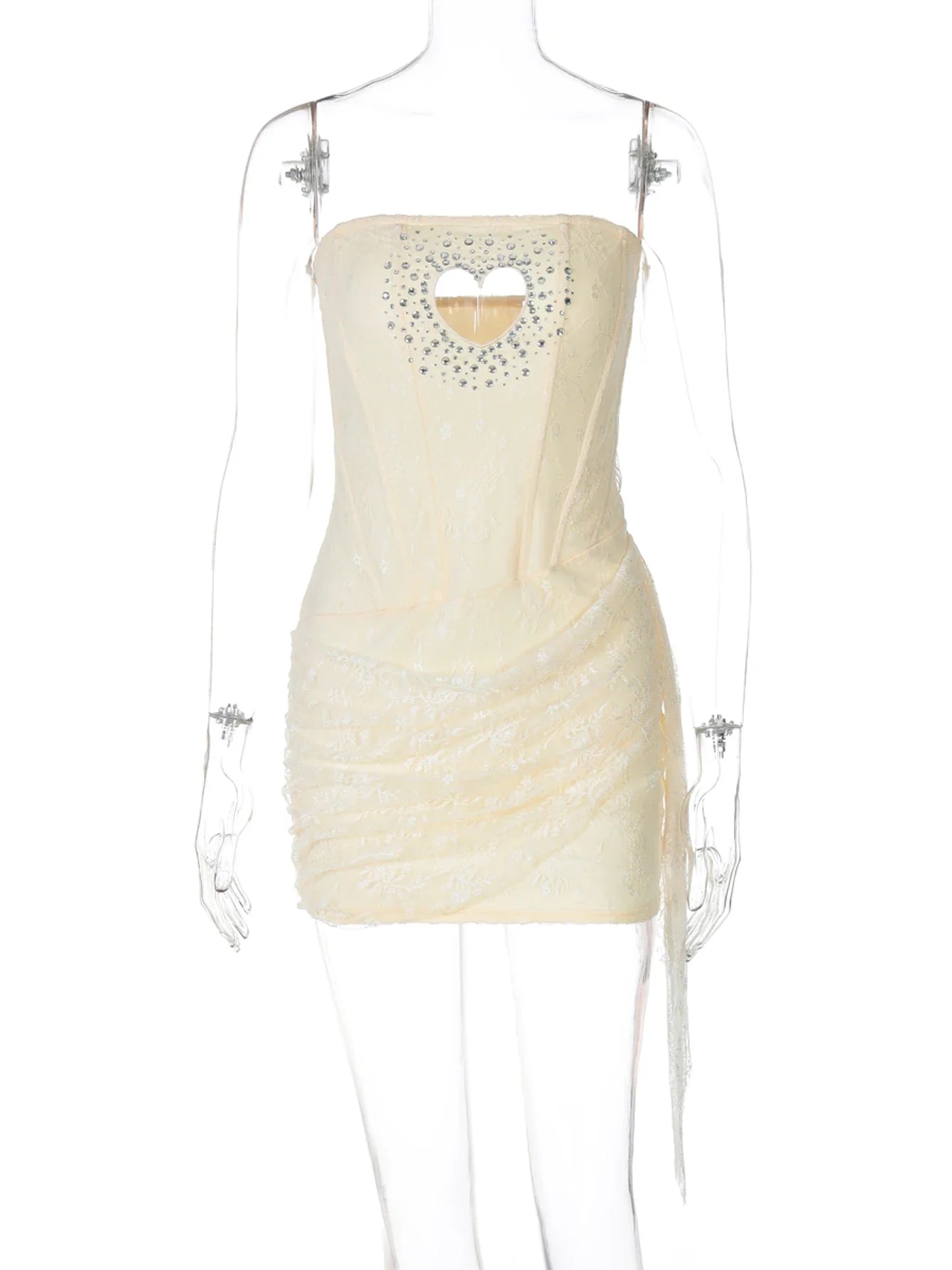 Fashion Sequined Strapless Heart Shape Hole Sexy Zipper Patchwork Mesh Mini Dress Summer Outfits Birthday Festival