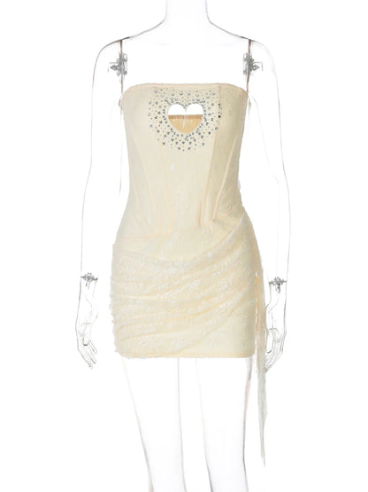 Fashion Sequined Strapless Heart Shape Hole Sexy Zipper Patchwork Mesh Mini Dress Summer Outfits Birthday Festival