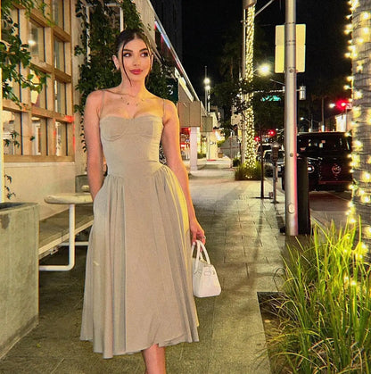 Elegant Spaghetti Strap Midi Dress Slim A Line Party Dresses Navy Blue Casual Birthday Holiday Dress Women's clothing