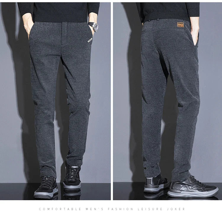 Men's Solid Straight Casual Pants Autumn Woolen Slim Fit Office Pants Vintage Elastic Waist Youth Trousers Everyday Wear