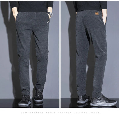 Men's Solid Straight Casual Pants Autumn Woolen Slim Fit Office Pants Vintage Elastic Waist Youth Trousers Everyday Wear