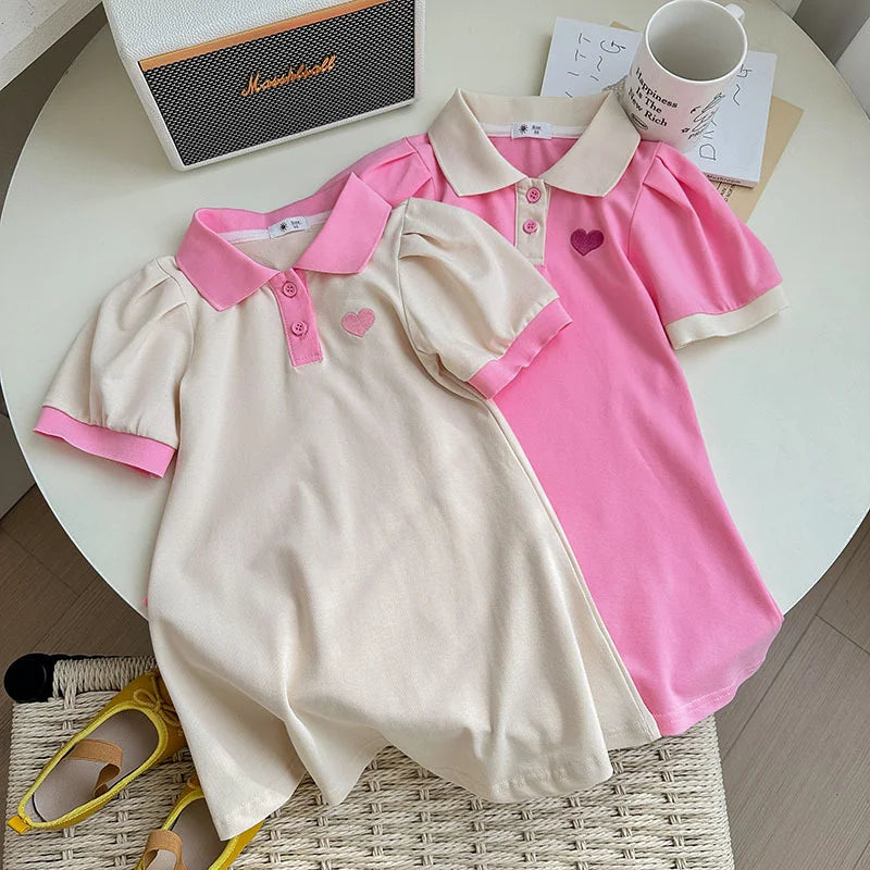 Girls Cotton Lapel Collar Dress Cute Solid Color  Pink  A-line Dress Kids Casual Skin-friendly Daily  Dress