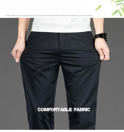 Spring Summer New Men's Casual Pants Thin Mulberry Silk Soft Business Casual Trousers Slim Straight Elastic Suit Pants Male
