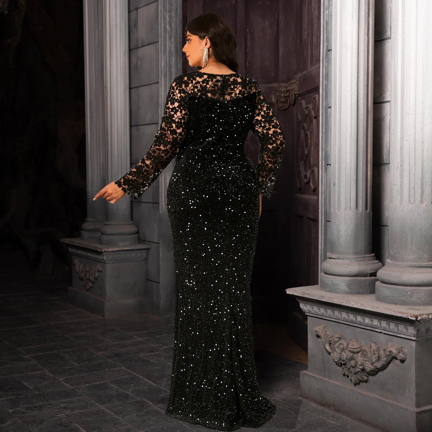 Elegant Curve Evening Dress for Women Lace Full Sleeved Sequined Velvet Hollow Out Modest Maxi Gown