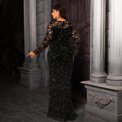 Elegant Curve Evening Dress for Women Lace Full Sleeved Sequined Velvet Hollow Out Modest Maxi Gown