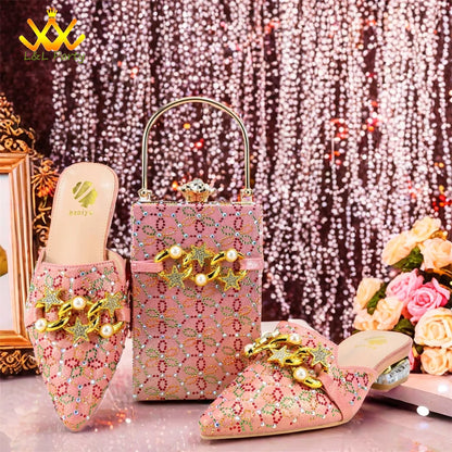 Low Heels Comfortable Sweet Style Italian Design Shoes Matching Bag Set in Orange Color High Quality with Crystal for Dress