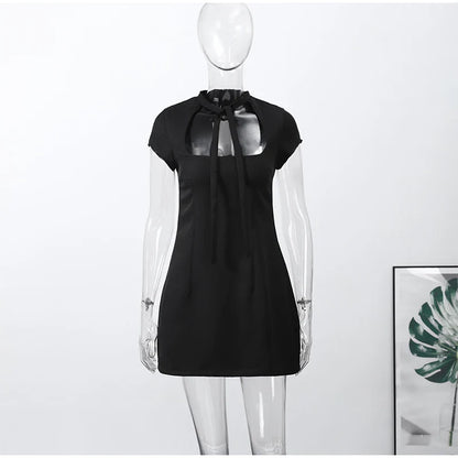 Fashion Lace Up Polka Dot Mini Dress Women Square Collar Short Sleeve Satin Party Dresses2026 Summer Lady Elegant Beach Robe New