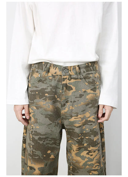 Tide Camouflage Jeans Men's Ins Loose Straight Wide Leg Casual Denim Pants Loose Male Trousers 12C2036