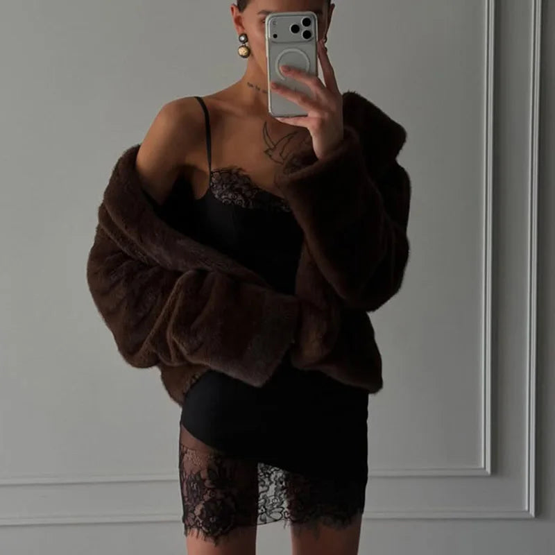 Solid Patchwork Lace Dresses For Women Fashion Sexy Straps Sleeveless V-Neck Sheath Sheer Mini Vestidos Robes Female Slim Fit