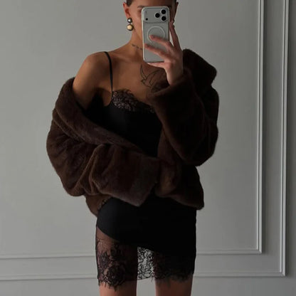 Solid Patchwork Lace Dresses For Women Fashion Sexy Straps Sleeveless V-Neck Sheath Sheer Mini Vestidos Robes Female Slim Fit