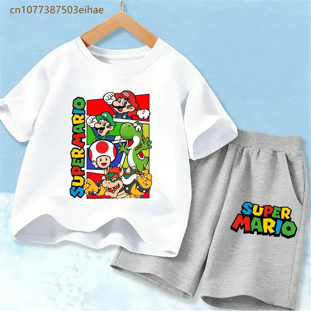 Lovely Mario Pattern Boys Girls Clothing Sets Soft Cotton Short Sleeve T Shirt + Casual Shorts 2PCS Summer Daily Wear Outfits
