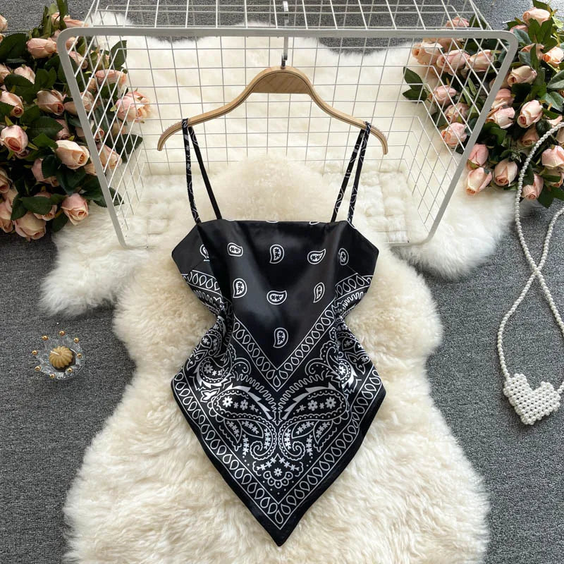 Women Sexy Backless asymmetrical lace-up Camis Print Tank Top Chic One-piece Corset Bustier Summer Beach vacation Crop Top