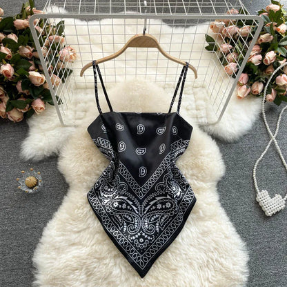 Women Sexy Backless asymmetrical lace-up Camis Print Tank Top Chic One-piece Corset Bustier Summer Beach vacation Crop Top