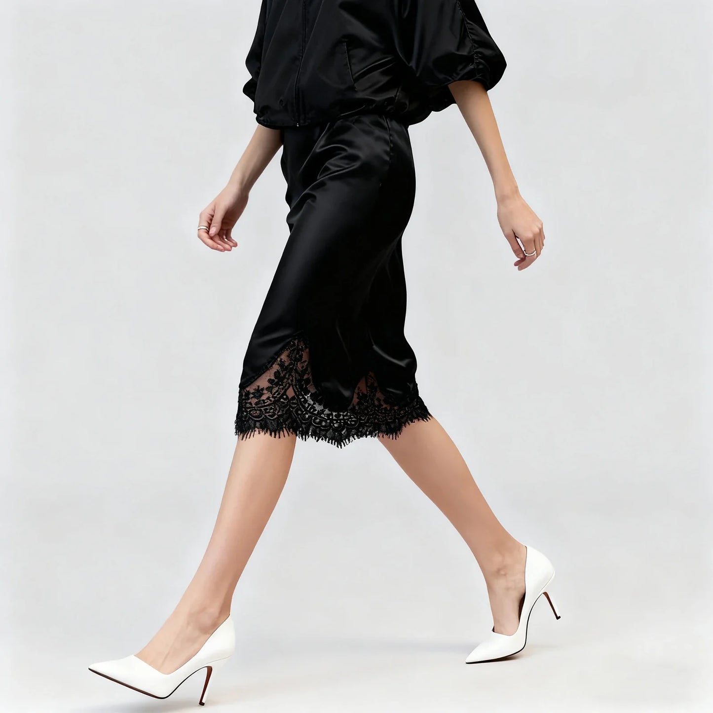 Women Satin Half Slip Skirts Lace Trim Elastic Waist Midi Skirt Elegant Silky Bodycon Knee Length Underskirts