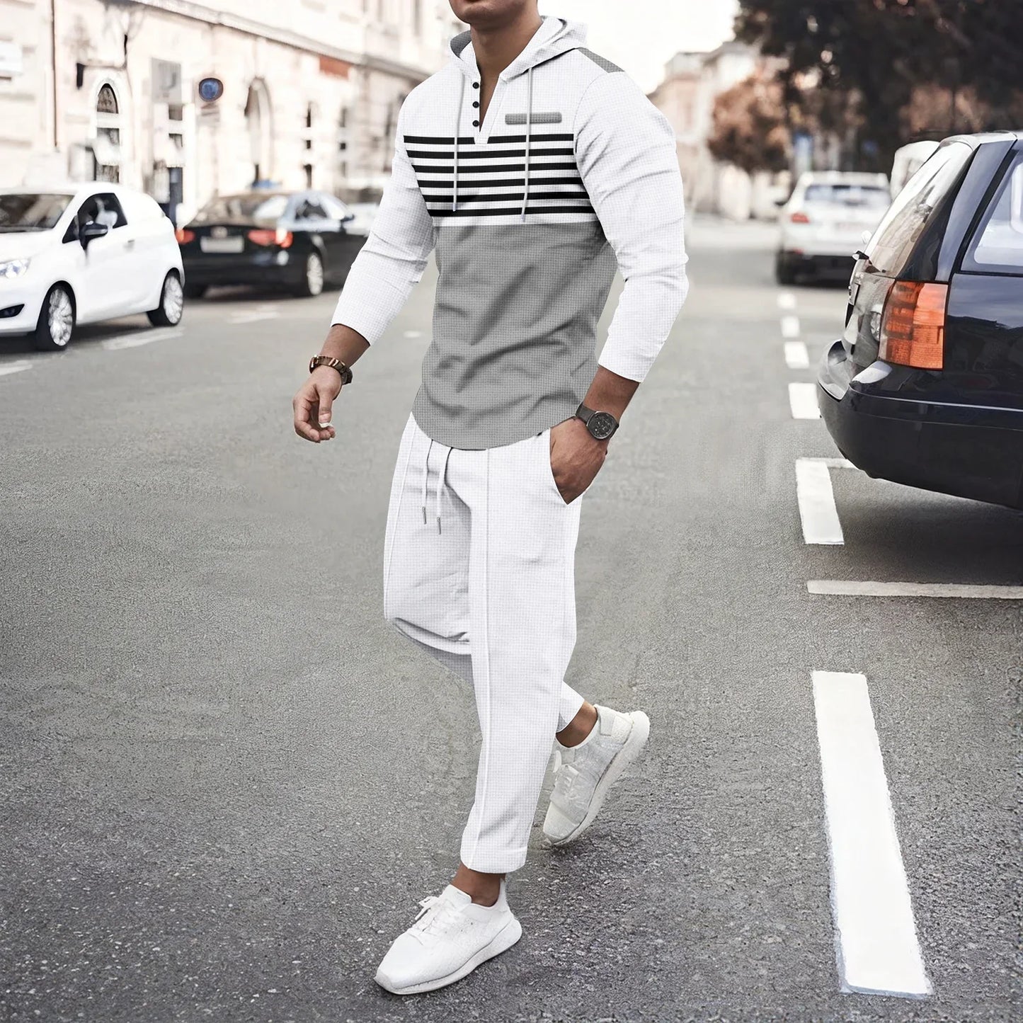 New Men's Waffle Casual Set Outdoor Four Seasons Versatile Trendy Stripe Color blocked Hoodie, Casual Pants Two Piece Set