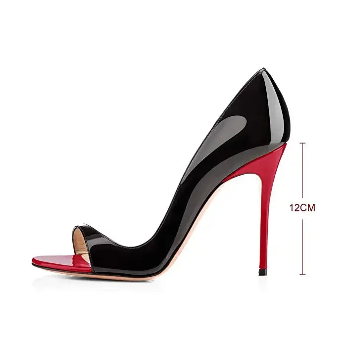 New black patent leather and red lining 12cm sexy fish mouth shoes, shallow mouth super high heels, plus size shoes 33-46