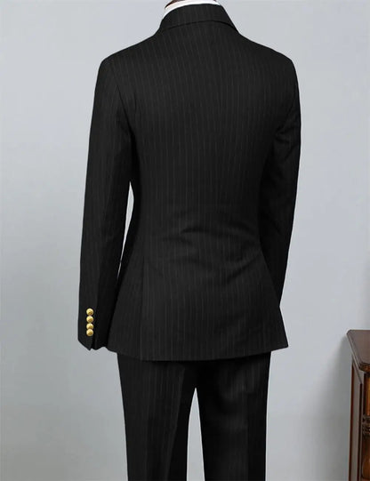 2 Piece Black Striped Men's Suit Set Golden double breasted Lapel Jacket Elastic Pants Wedding Part Prom Dinner Wrok Travel