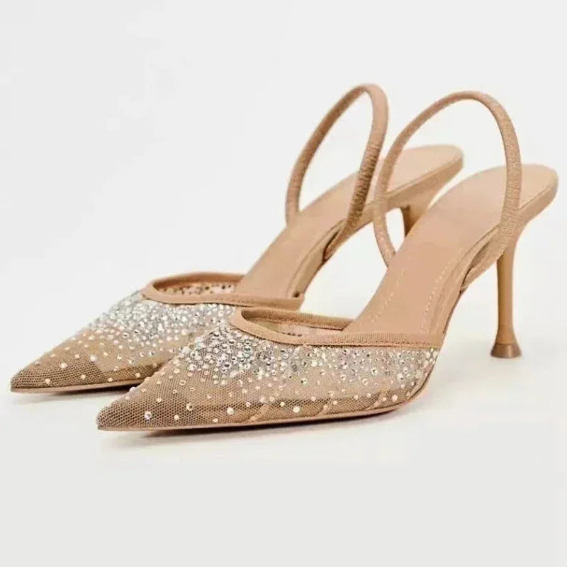 Luxury Designer Shiny Rhinestone Mesh Heeled Sandals Women Summer Sexy Pointed Toe Slingbacks Thin High Heels Elegant Dress Shoe