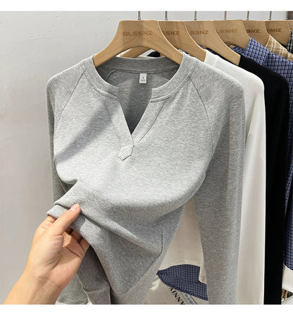 2026 Women's Basic Style Slim Fit V-Neck Long Sleeve T-Shirt Korean Style Versatile Simple Base Layer Top Casual Tee for Women