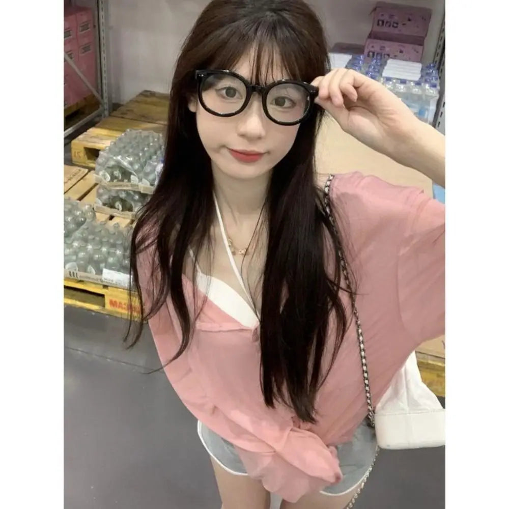 Korean Fashion Y2k Tank Top Long Sleeve V Collar Crop Top Button Sun Protection Frock Lady