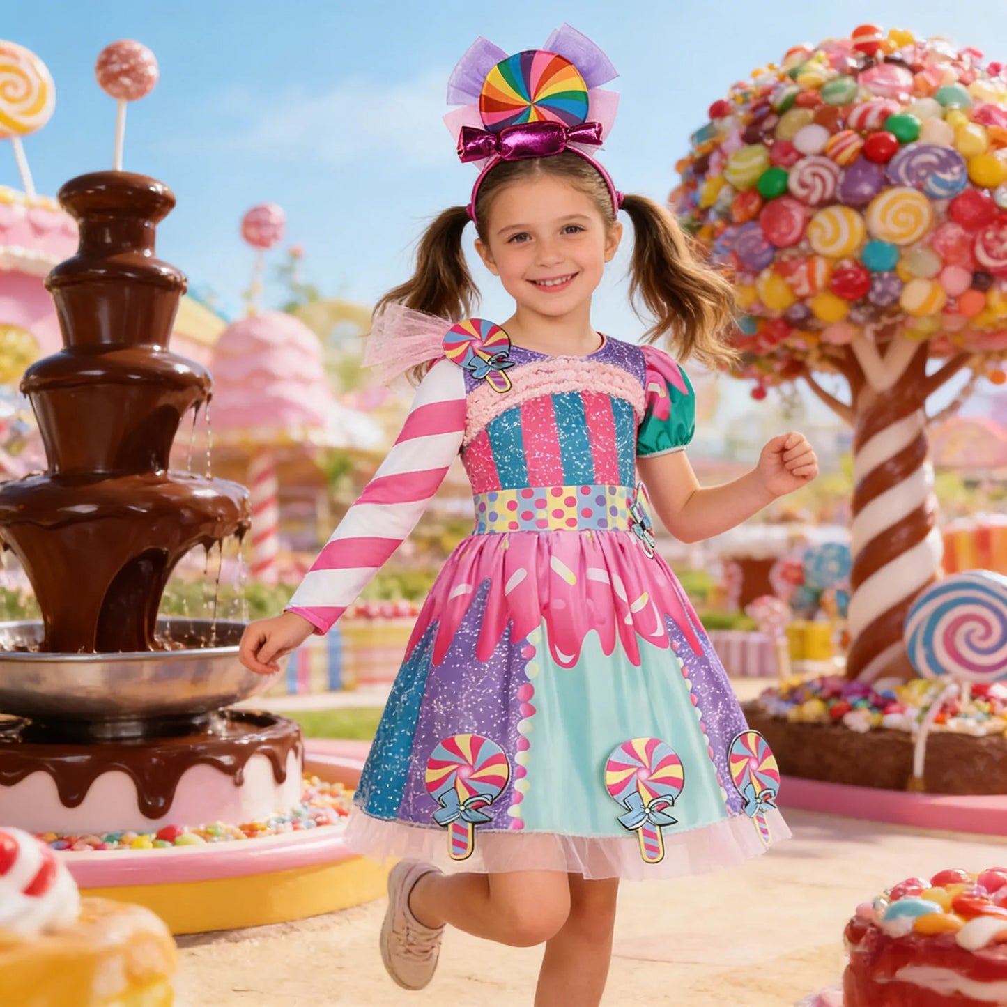 Girls Candy Fairy Lollipop Cosplay Costume Toddler Carnival Purim Rainbow Vestidos Girls Birthday Party Long Short Sleeves Dress