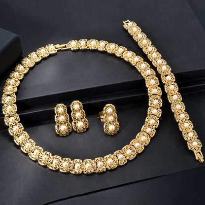 Conjunto de joias de luxo Dubai para mulheres, moderno, colar de pérolas, pulseira, anel, brincos, conjunto de joias banhadas a ouro 18k