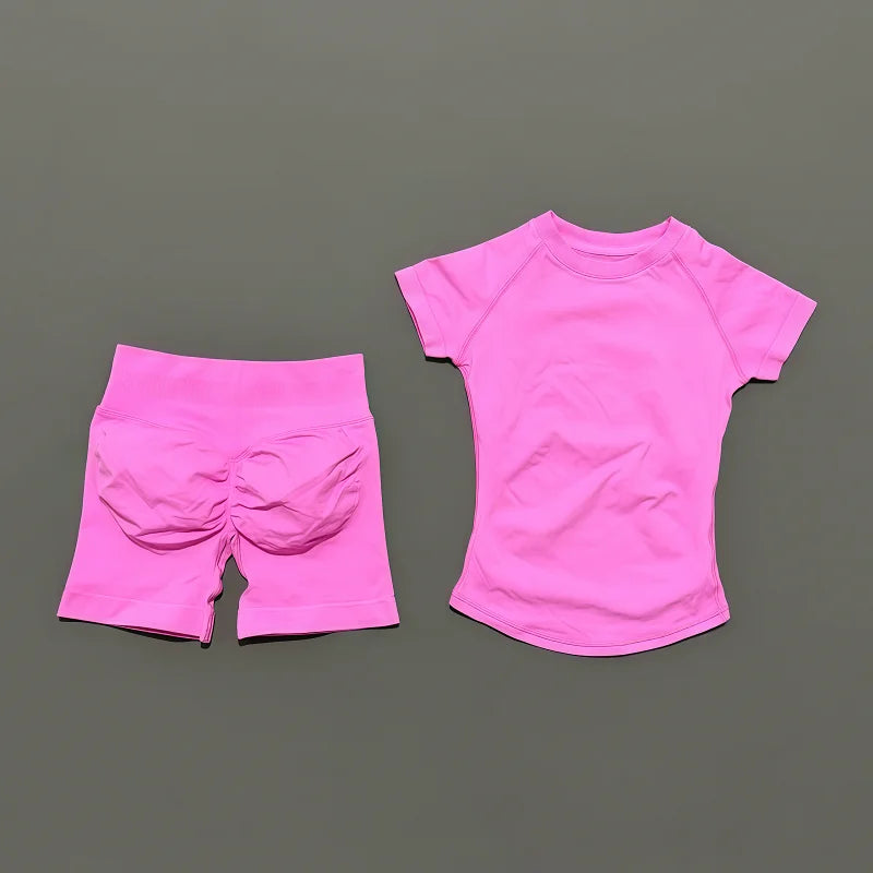 2 Piece Gym Sets Women Seamless Short Sleeve Top Butt Lifting Shorts Workout Fitness Running Sports Yoga Tracksuit