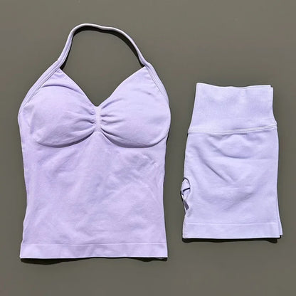 No Logo 2 Pies Sports Set Women Backless Tank Yoga Tops High Waist Scrunch Seamless Shorts Sport Gym Set Sportswear Workout Set