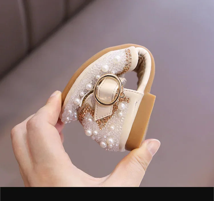 Cute Rhinestone Decorated Girls Shoes, Sweet Princess Style Flats for Wedding & Party, Soft Leather Children’s Dress Sandals