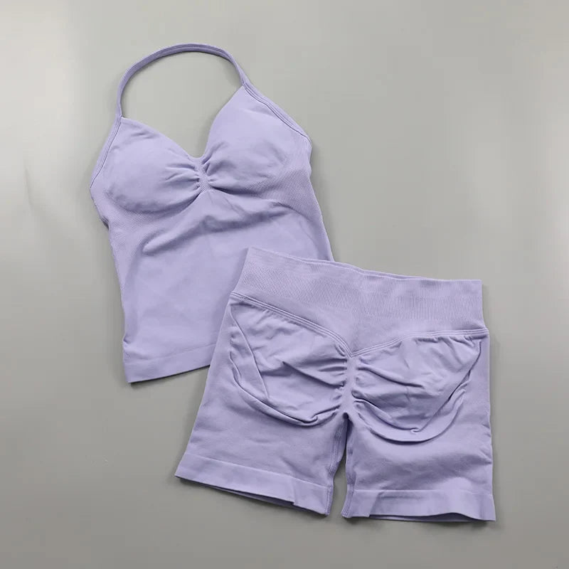 Yoga Longline Strappy Top Leggings Set Women's Backless Camisole Built-In bra Vest High-Waisted Hip Lift Gym Shorts Sports Set