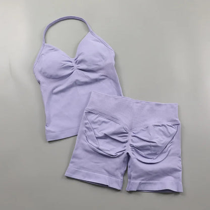 Yoga Longline Strappy Top Leggings Set Women's Backless Camisole Built-In bra Vest High-Waisted Hip Lift Gym Shorts Sports Set